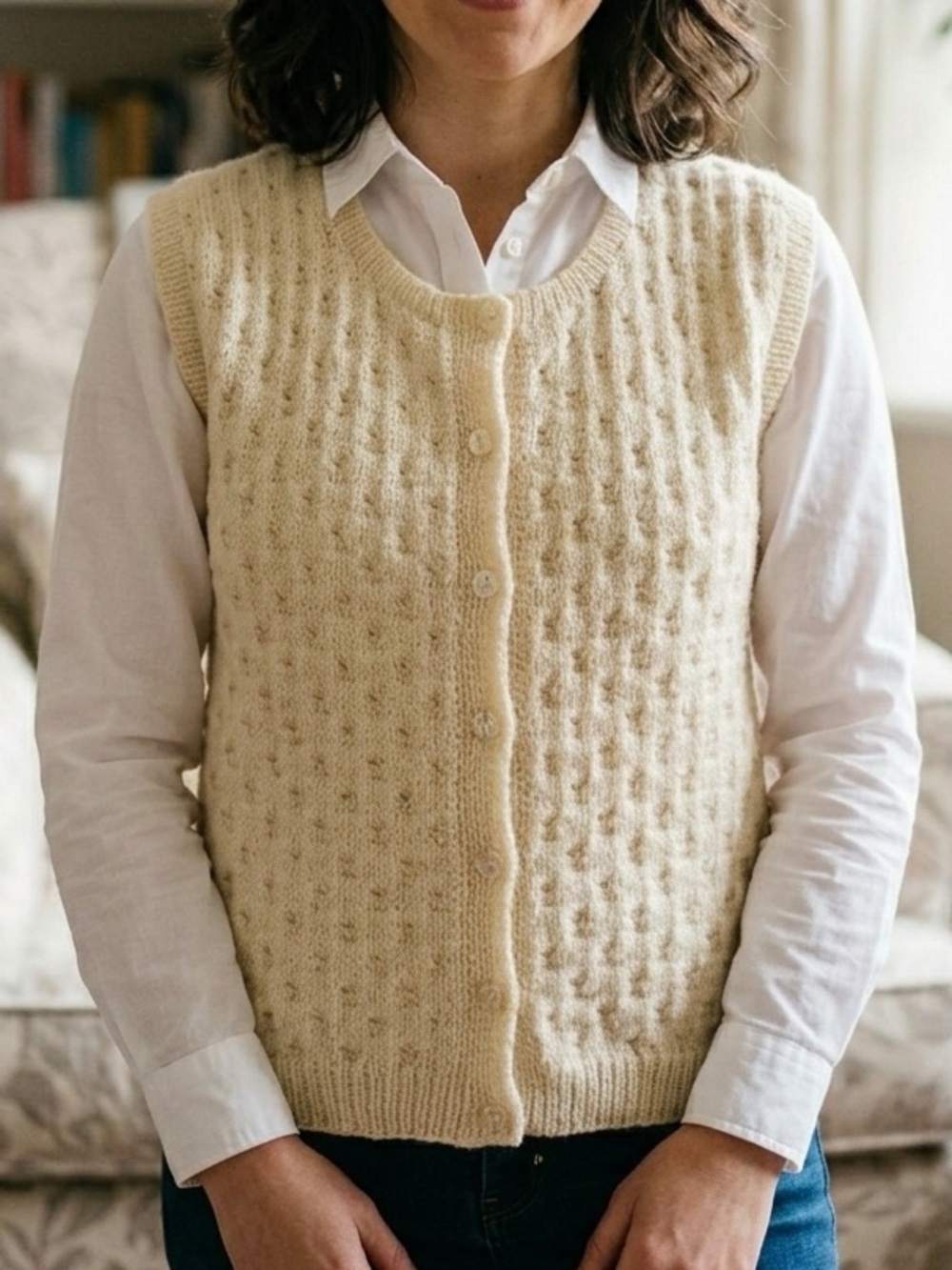 Timelessa Hand-Knit Textured Vest in Cream